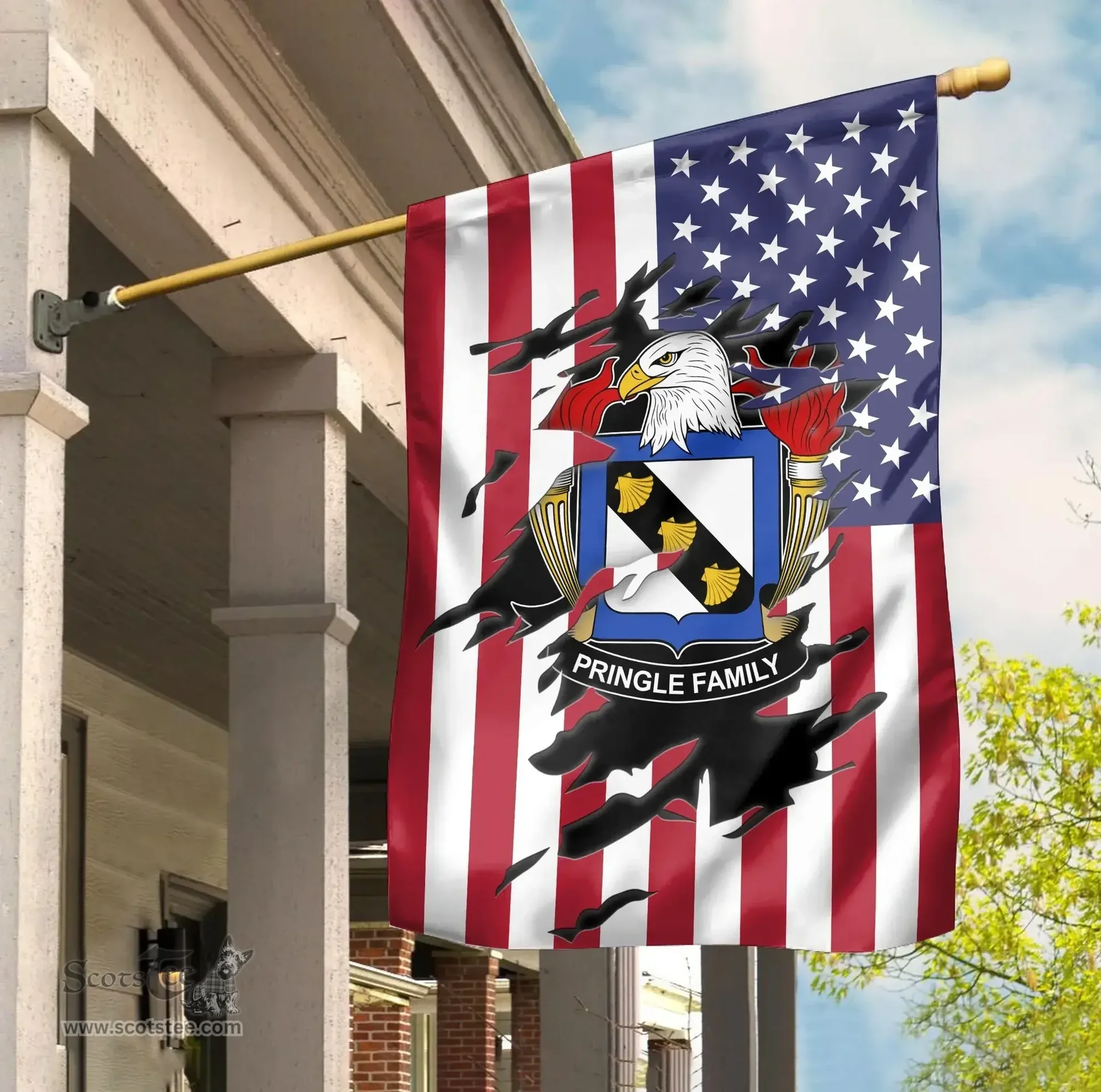 ScotsTee Shop American Pringle Coat of Arms Scratch on American Flag U.S. Flag Garden Flag/ House Flag