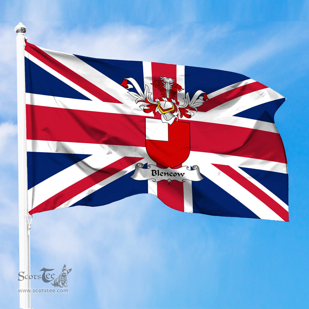 ScotsTee Shop Scottish Blencow or Blencowe Coat of Arms on Flag of the United Kingdom Flag