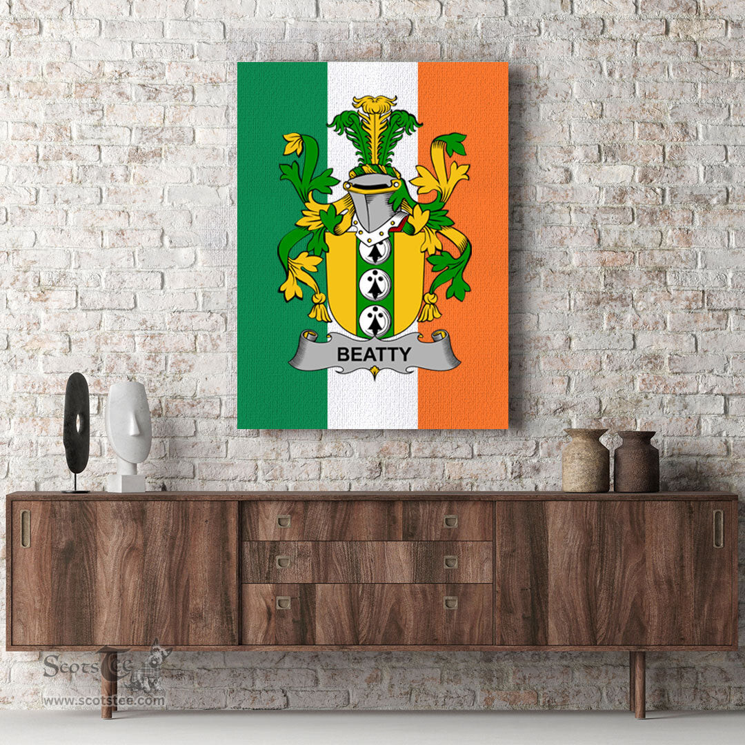 ScotsTee Shop Irish Beatty or Betagh Clan Family Crest Ireland Flag Framed Canvas Print