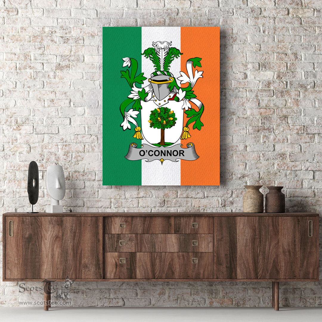 ScotsTee Shop Irish Connor or O Connor Faly Clan Family Crest Ireland Flag Framed Canvas Print