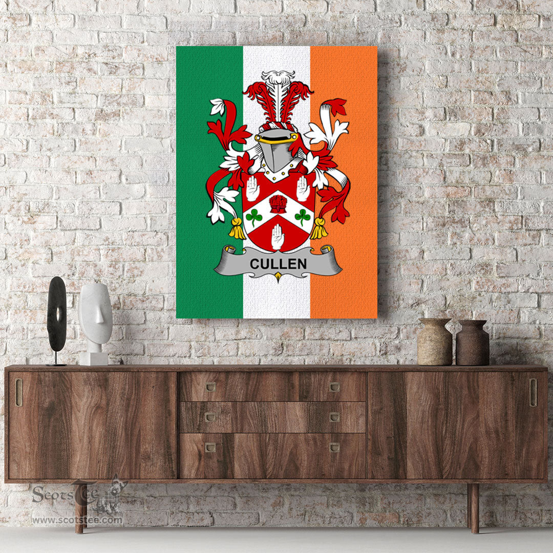 ScotsTee Shop Irish Cullen or O Cullen Clan Family Crest Ireland Flag Framed Canvas Print