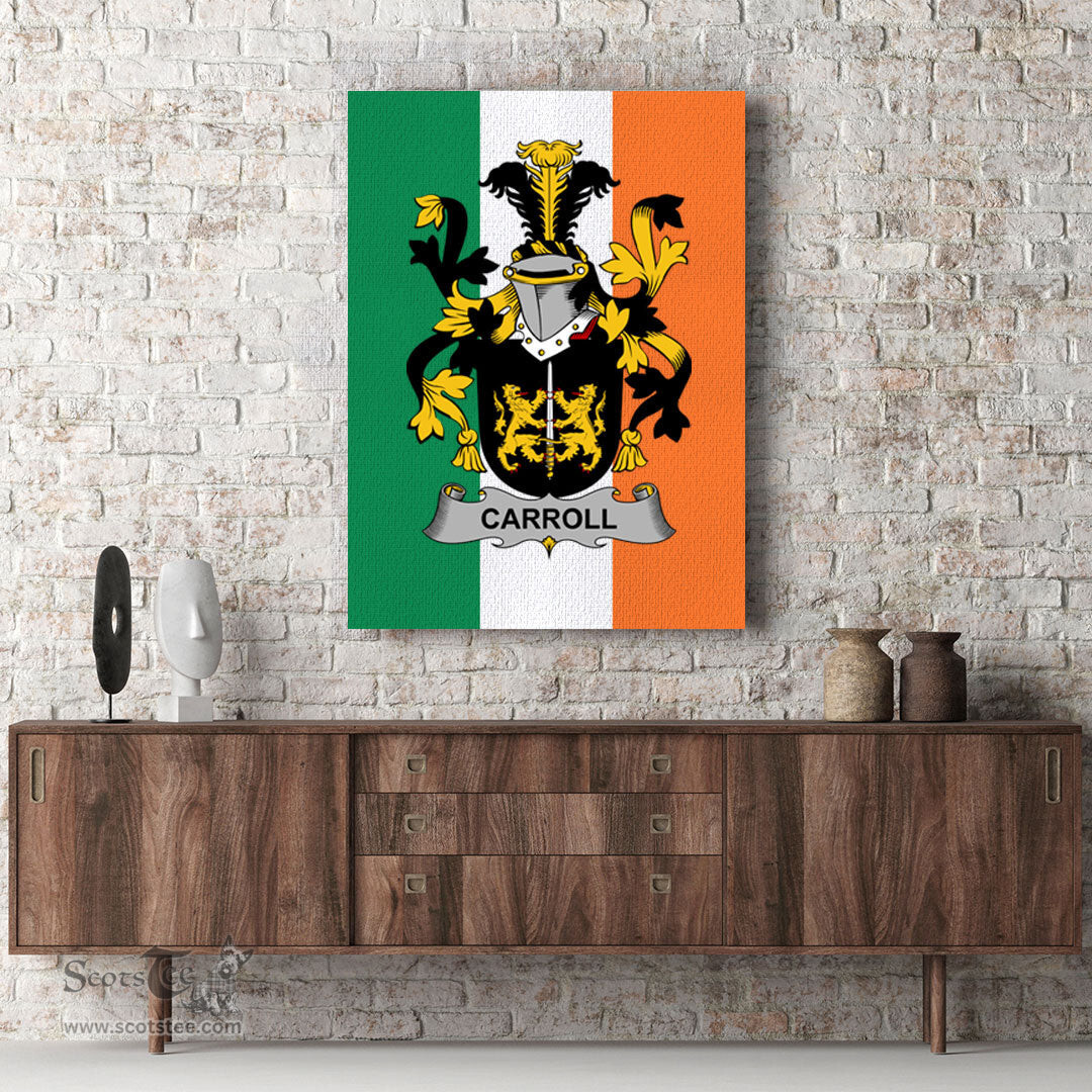 ScotsTee Shop Irish Carroll or O Carroll Clan Family Crest Ireland Flag Framed Canvas Print
