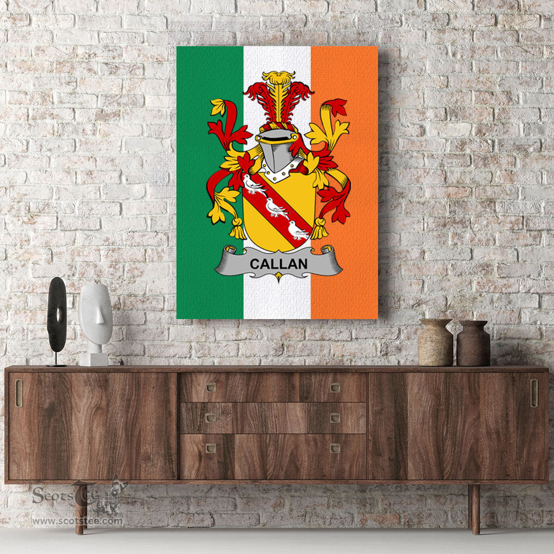 ScotsTee Shop Irish Callan or O Callan Clan Family Crest Ireland Flag Framed Canvas Print