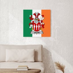 ScotsTee Shop Irish Galvin or O Galvin Clan Family Crest Ireland Flag Framed Canvas Print