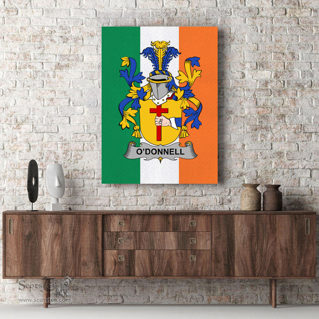 ScotsTee Shop Irish Donnell or O Donnell Clan Family Crest Ireland Flag Framed Canvas Print