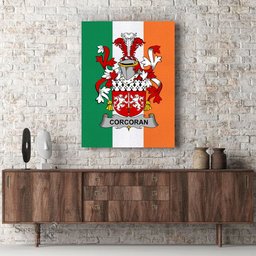 ScotsTee Shop Irish Corcoran or McCorcoran Clan Family Crest Ireland Flag Framed Canvas Print