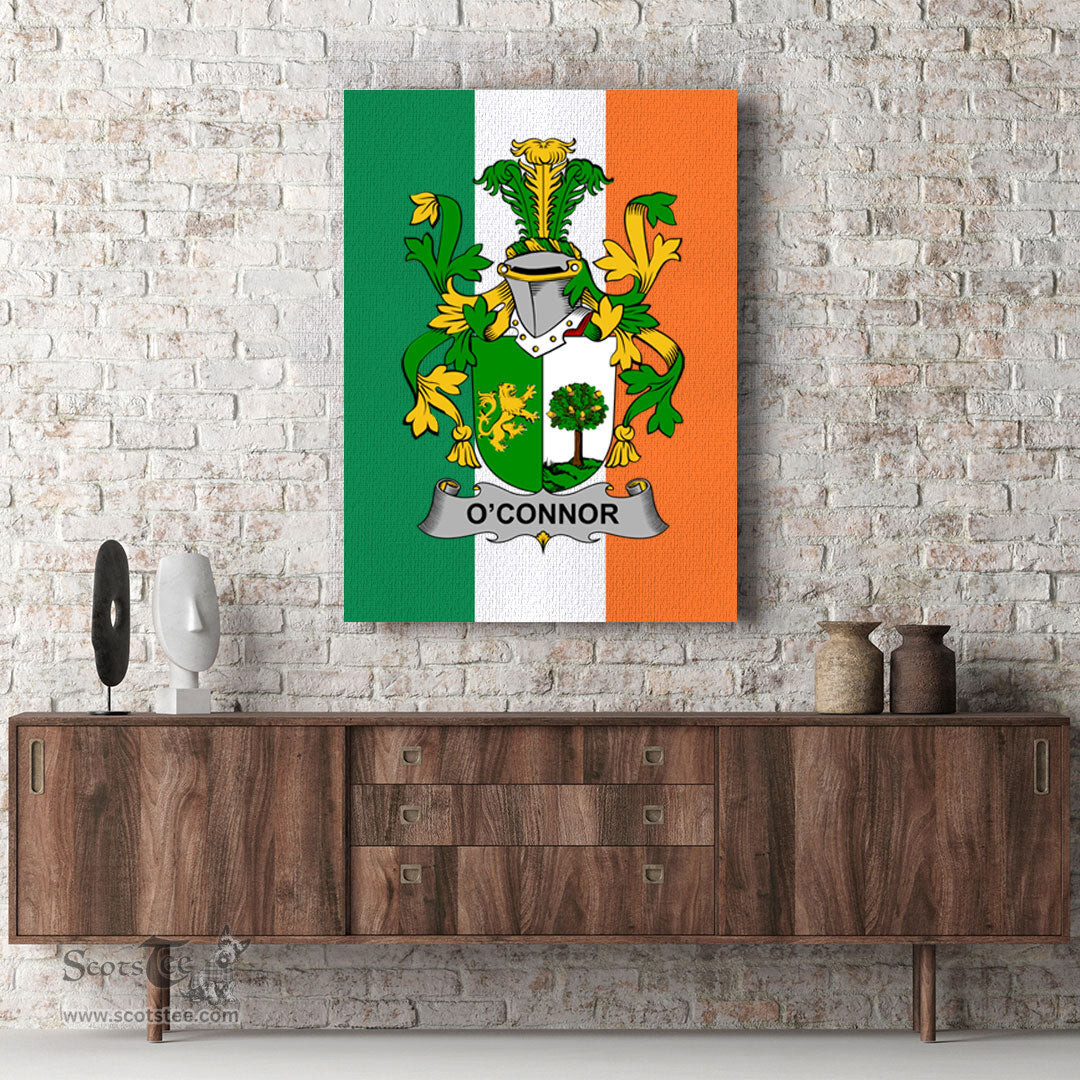 ScotsTee Shop Irish Connor or O Connor Sligo Clan Family Crest Ireland Flag Framed Canvas Print