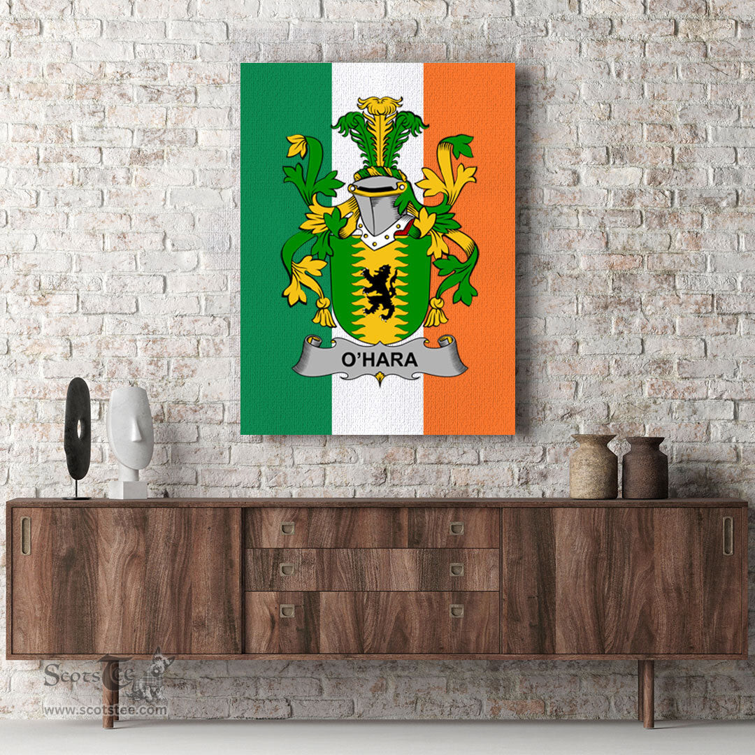 ScotsTee Shop Irish Hara or O Hara Clan Family Crest Ireland Flag Framed Canvas Print