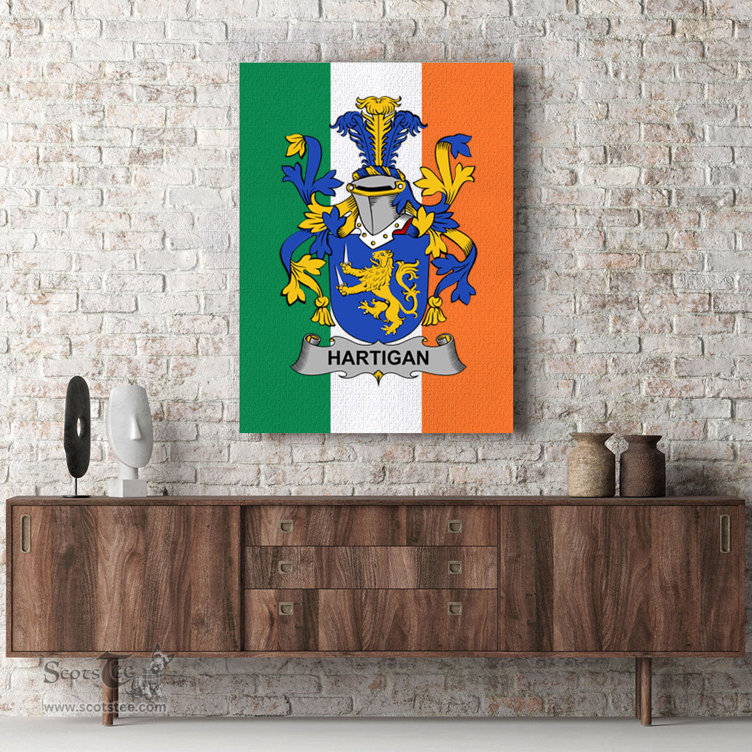 ScotsTee Shop Irish Hartigan or O Hartagan Clan Family Crest Ireland Flag Framed Canvas Print