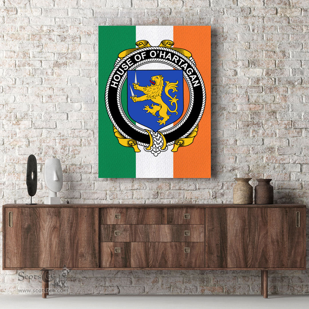 ScotsTee Shop Irish House of O HARTAGAN Clan Family Crest Ireland Flag Framed Canvas Print