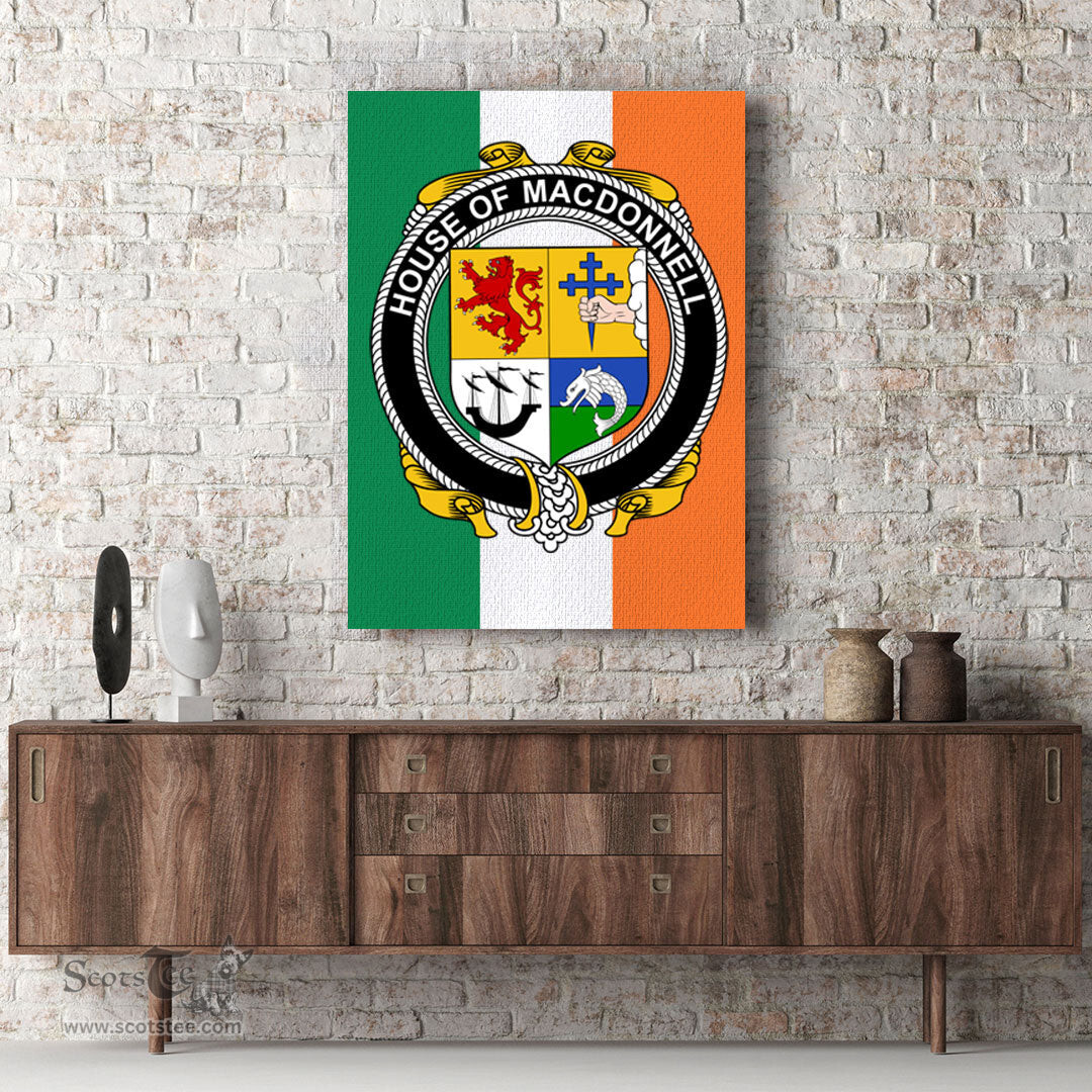 ScotsTee Shop Irish House of MACDONNELL of the Glens Clan Family Crest Ireland Flag Framed Canvas Print