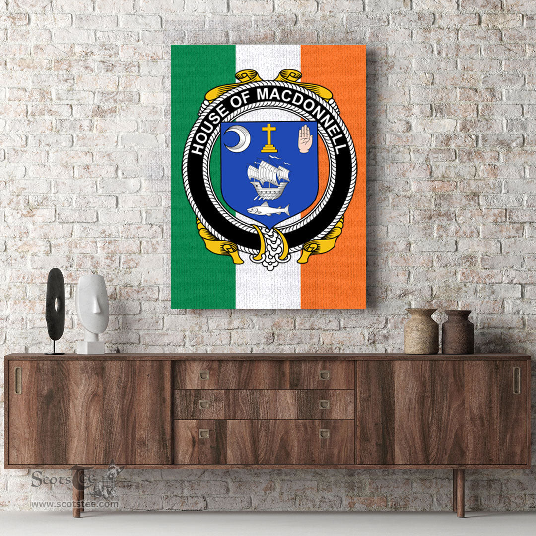 ScotsTee Shop Irish House of MACDONNELL Clare and Connacht Clan Family Crest Ireland Flag Framed Canvas Print