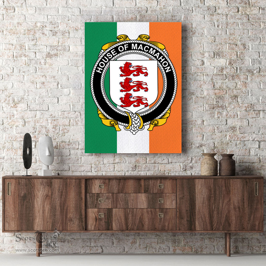 ScotsTee Shop Irish House of MACMAHON Thomond Clan Family Crest Ireland Flag Framed Canvas Print