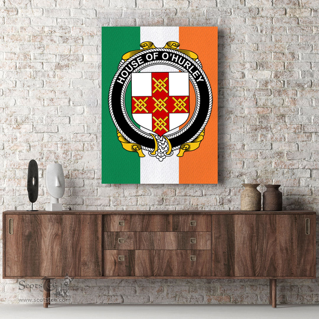 ScotsTee Shop Irish House of O HURLEY Clan Family Crest Ireland Flag Framed Canvas Print