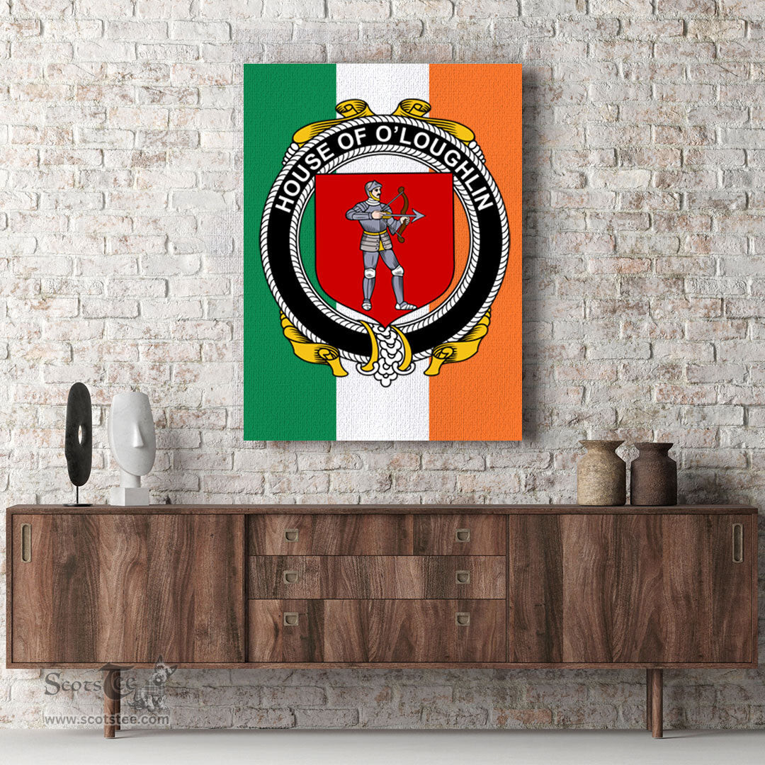 ScotsTee Shop Irish House of O LOUGHLIN Clan Family Crest Ireland Flag Framed Canvas Print