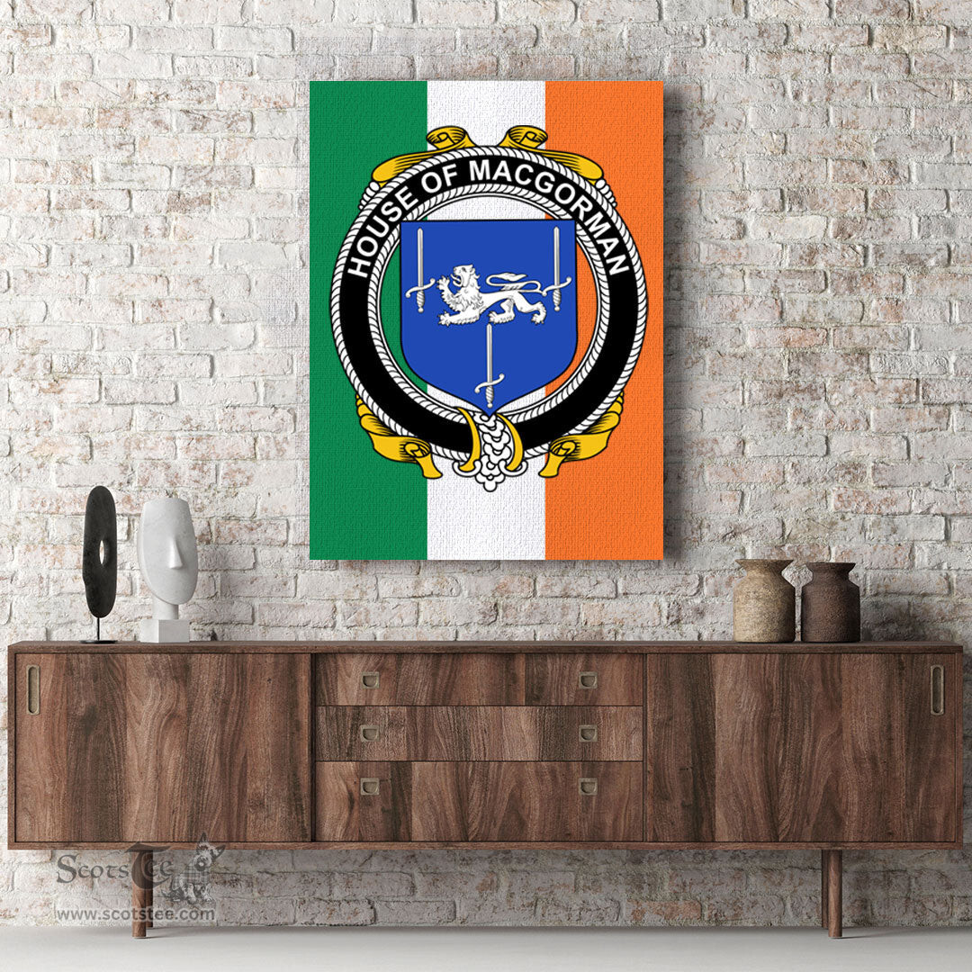ScotsTee Shop Irish House of MACGORMAN Clan Family Crest Ireland Flag Framed Canvas Print