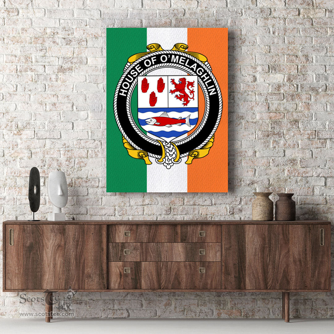 ScotsTee Shop Irish House of O MELAGHLIN Clan Family Crest Ireland Flag Framed Canvas Print