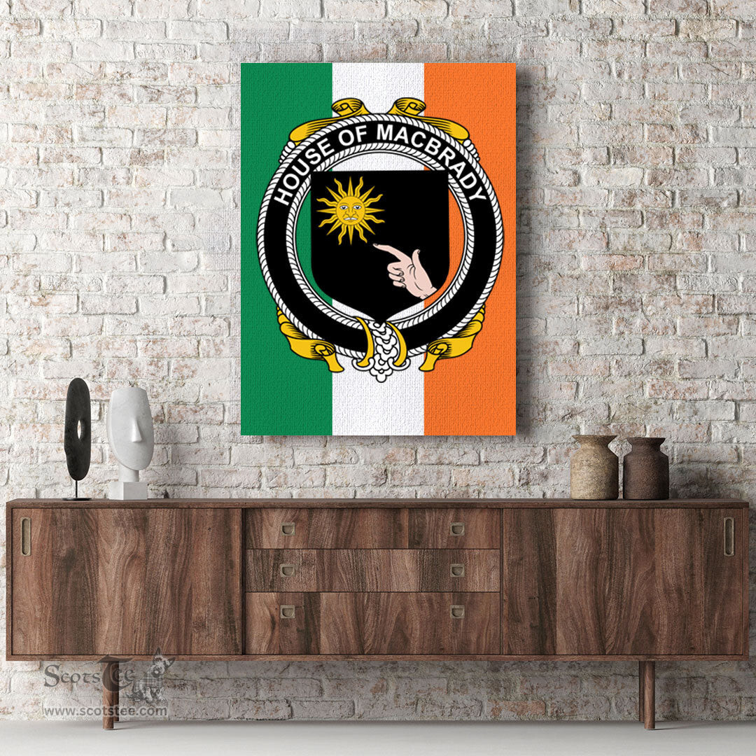 ScotsTee Shop Irish House of MACBRADY Clan Family Crest Ireland Flag Framed Canvas Print