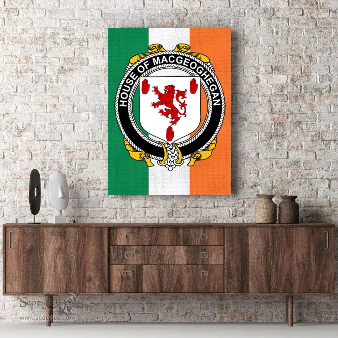 ScotsTee Shop Irish House of MACGEOGHEGAN Clan Family Crest Ireland Flag Framed Canvas Print