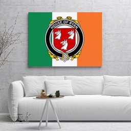 ScotsTee Shop Irish House of RYAN O Mulrian Clan Family Crest Ireland Flag Framed Canvas Print