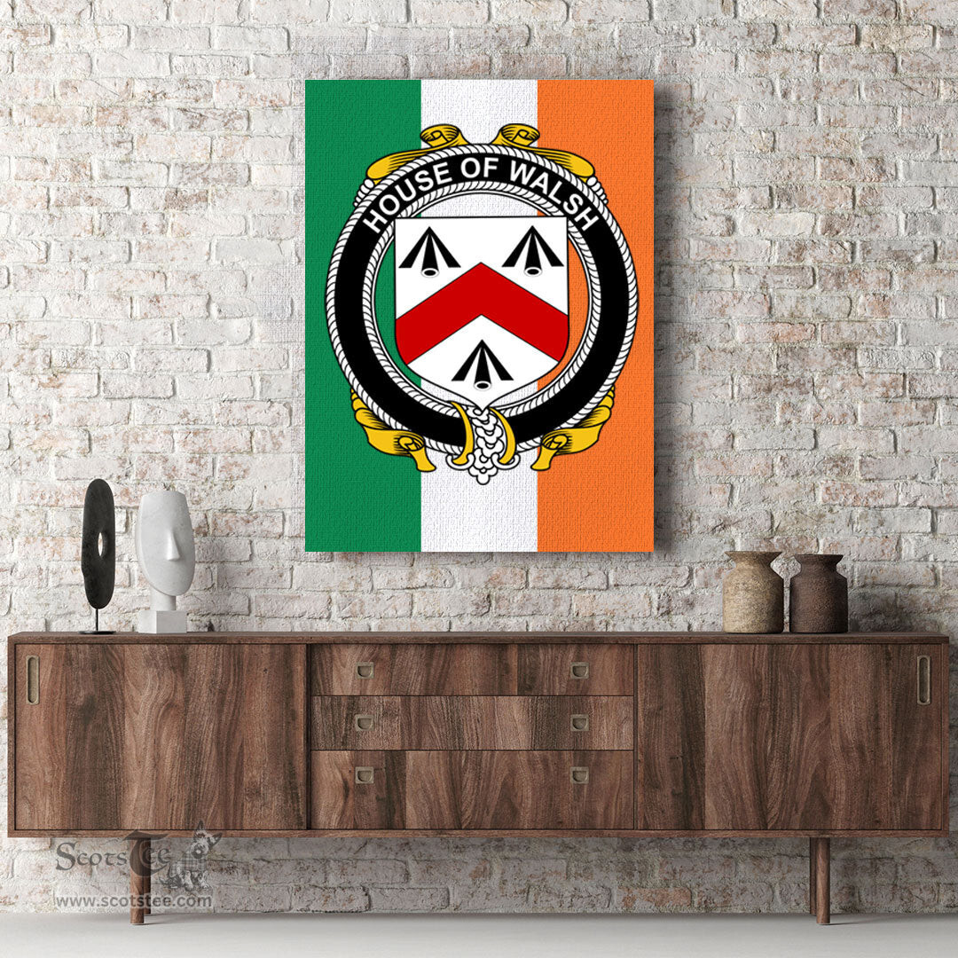ScotsTee Shop Irish House of WALSH Clan Family Crest Ireland Flag Framed Canvas Print