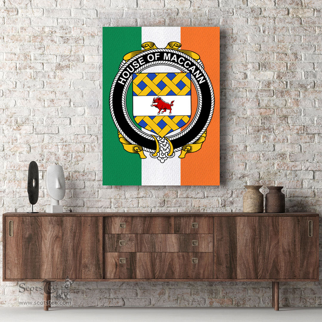 ScotsTee Shop Irish House of MACCANN Clan Family Crest Ireland Flag Framed Canvas Print