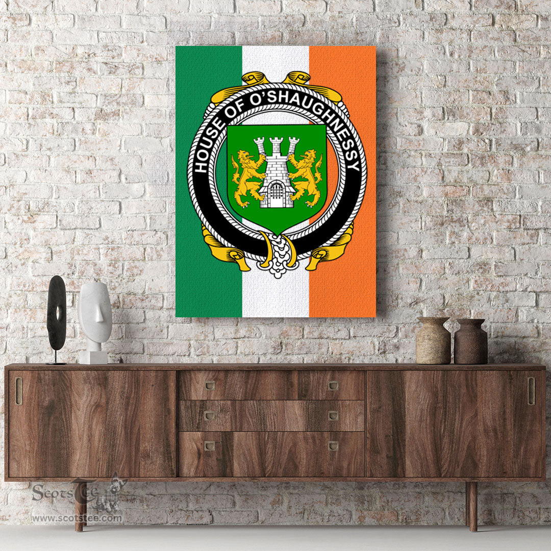 ScotsTee Shop Irish House of O SHAUGNESSY Clan Family Crest Ireland Flag Framed Canvas Print