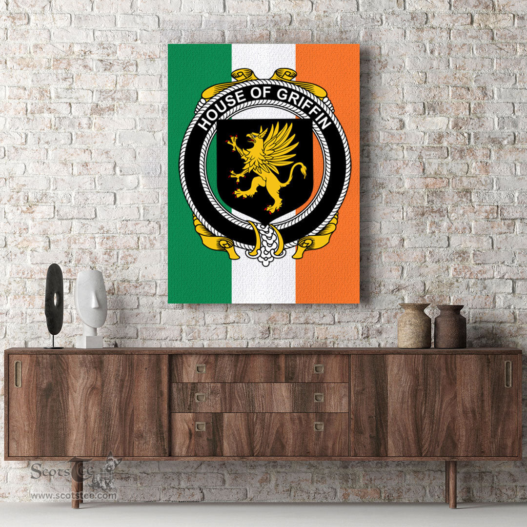 ScotsTee Shop Irish House of GRIFFIN Clan Family Crest Ireland Flag Framed Canvas Print