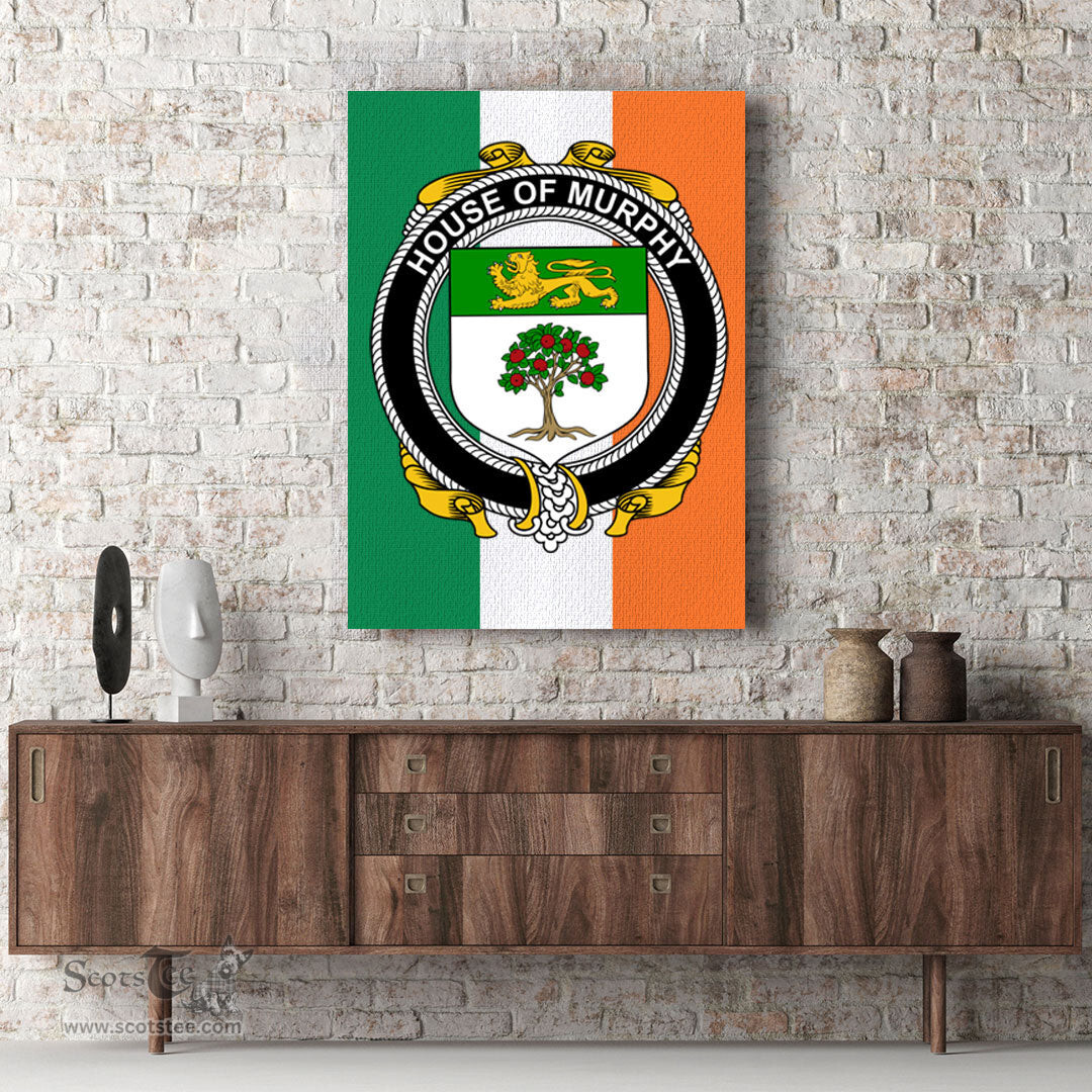 ScotsTee Shop Irish House of MURPHY O Morchoe Clan Family Crest Ireland Flag Framed Canvas Print