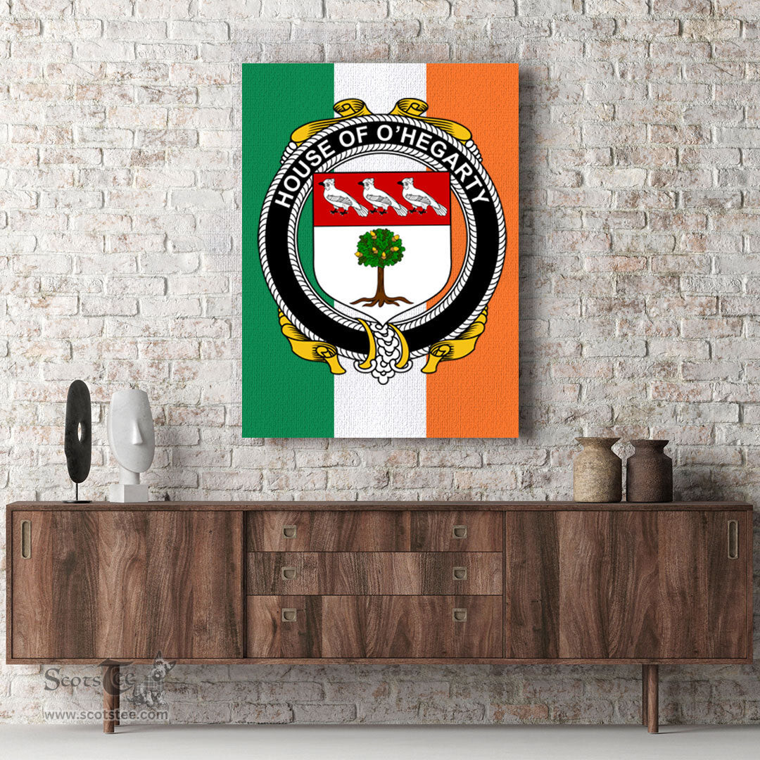 ScotsTee Shop Irish House of O HEGARTY Clan Family Crest Ireland Flag Framed Canvas Print