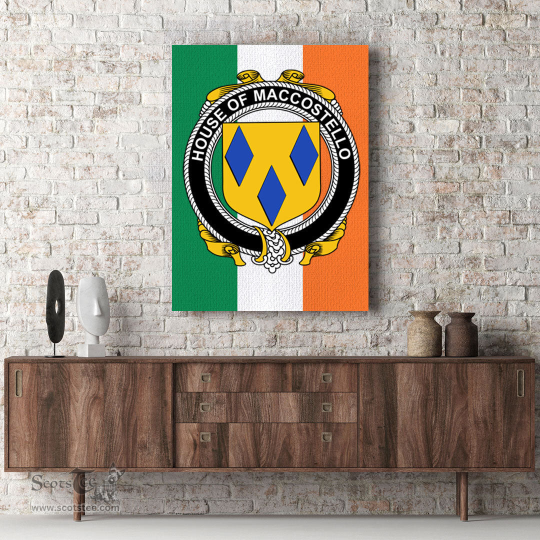 ScotsTee Shop Irish House of MACCOSTELLO Clan Family Crest Ireland Flag Framed Canvas Print