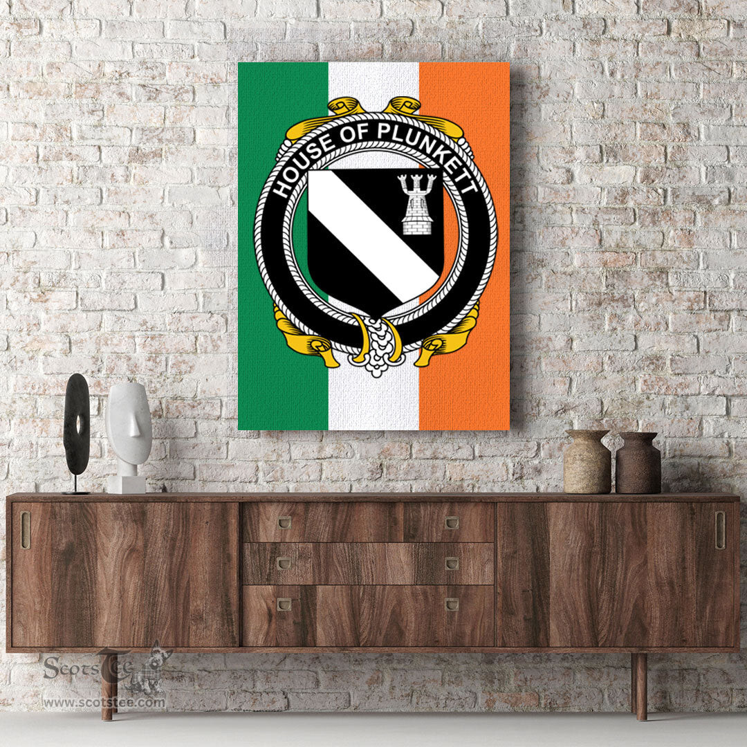ScotsTee Shop Irish House of PLUNKETT Clan Family Crest Ireland Flag Framed Canvas Print