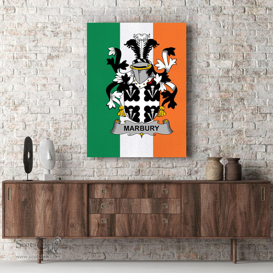 ScotsTee Shop Irish Marbury or Maybery Clan Family Crest Ireland Flag Framed Canvas Print