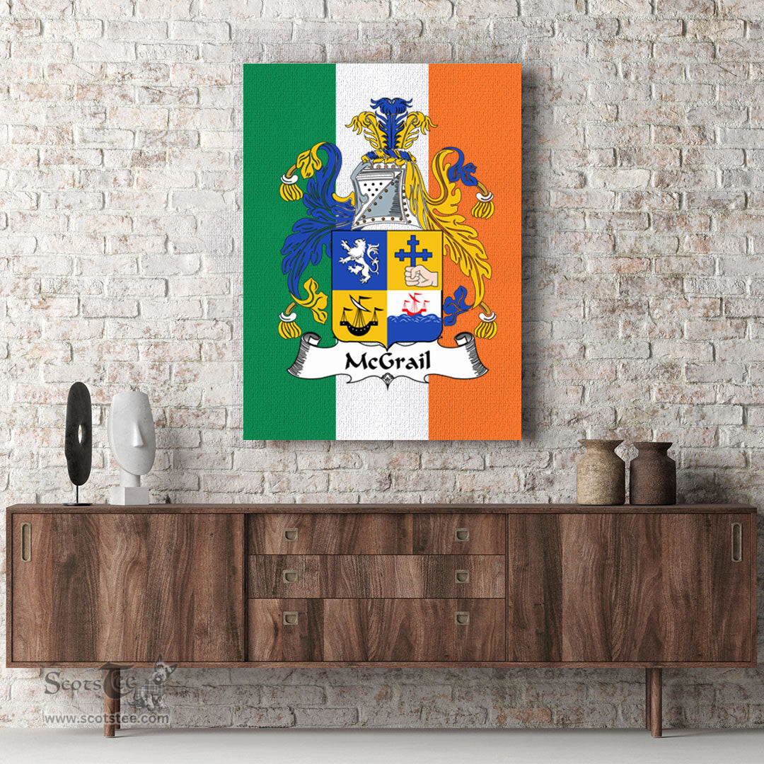 ScotsTee Shop Irish McGrail Clan Family Crest Ireland Flag Framed Canvas Print