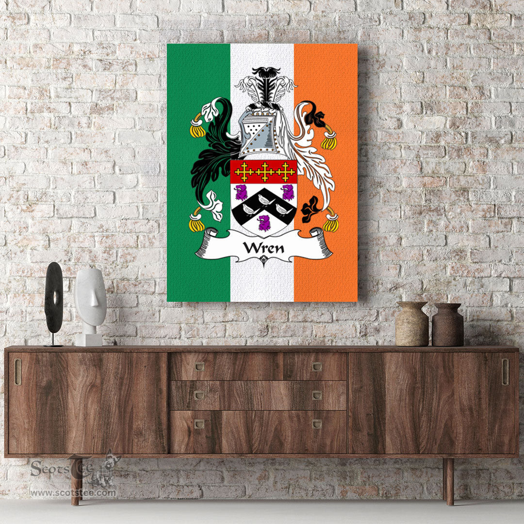 ScotsTee Shop Irish Wren or Wrenn Clan Family Crest Ireland Flag Framed Canvas Print