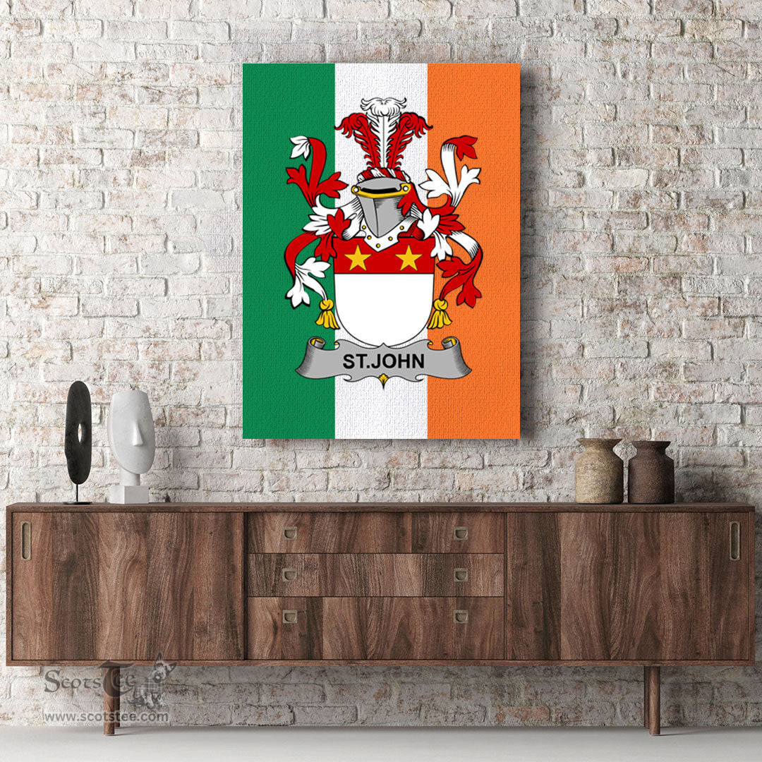 ScotsTee Shop Irish St.John Clan Family Crest Ireland Flag Framed Canvas Print