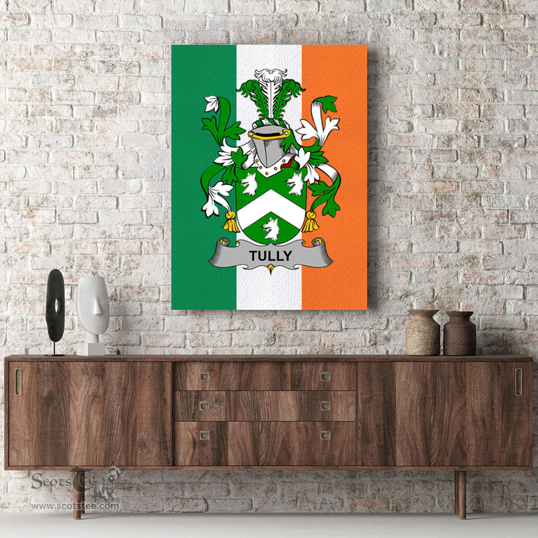 ScotsTee Shop Irish Tuly or McAtilla Clan Family Crest Ireland Flag Framed Canvas Print