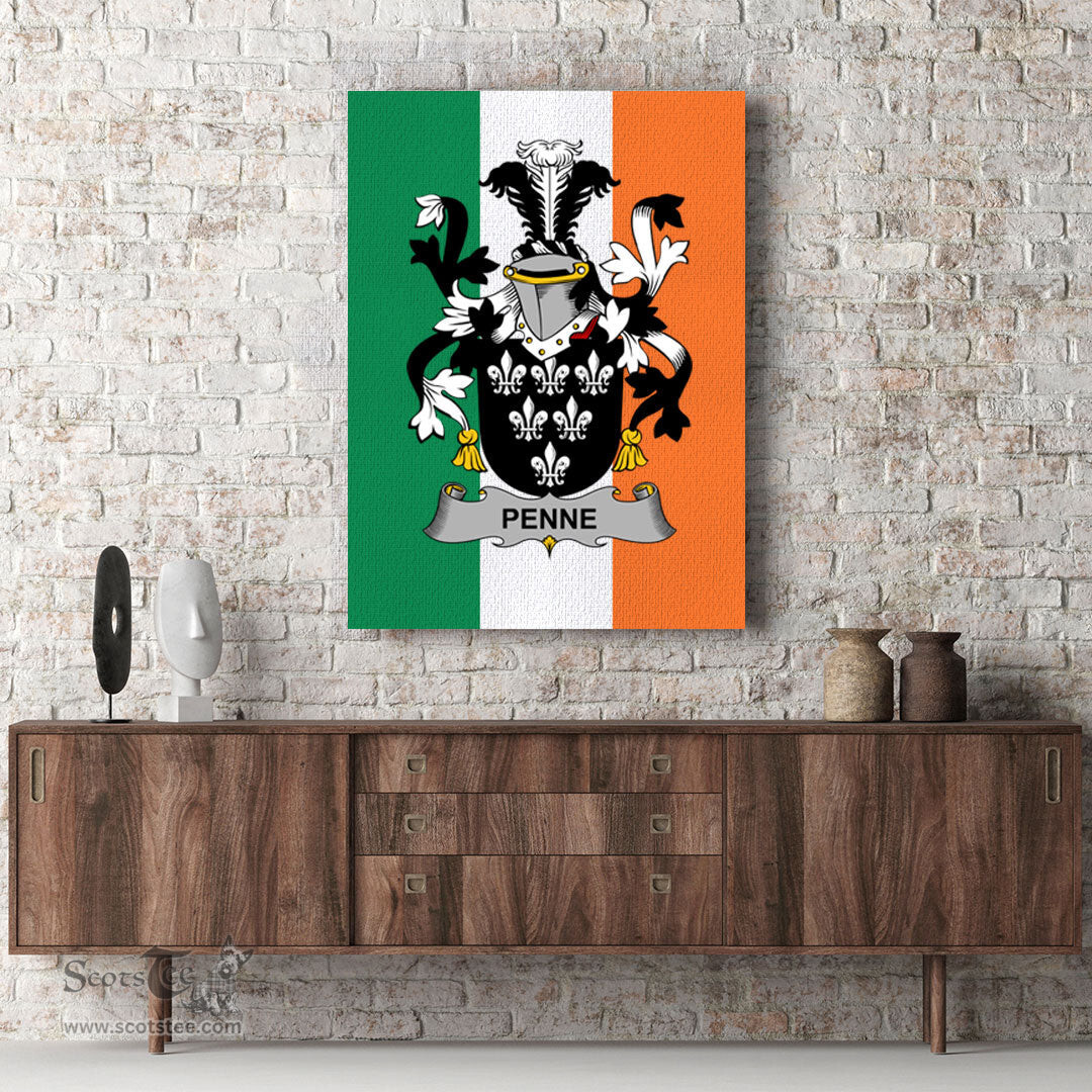 ScotsTee Shop Irish Penne or Penn Clan Family Crest Ireland Flag Framed Canvas Print