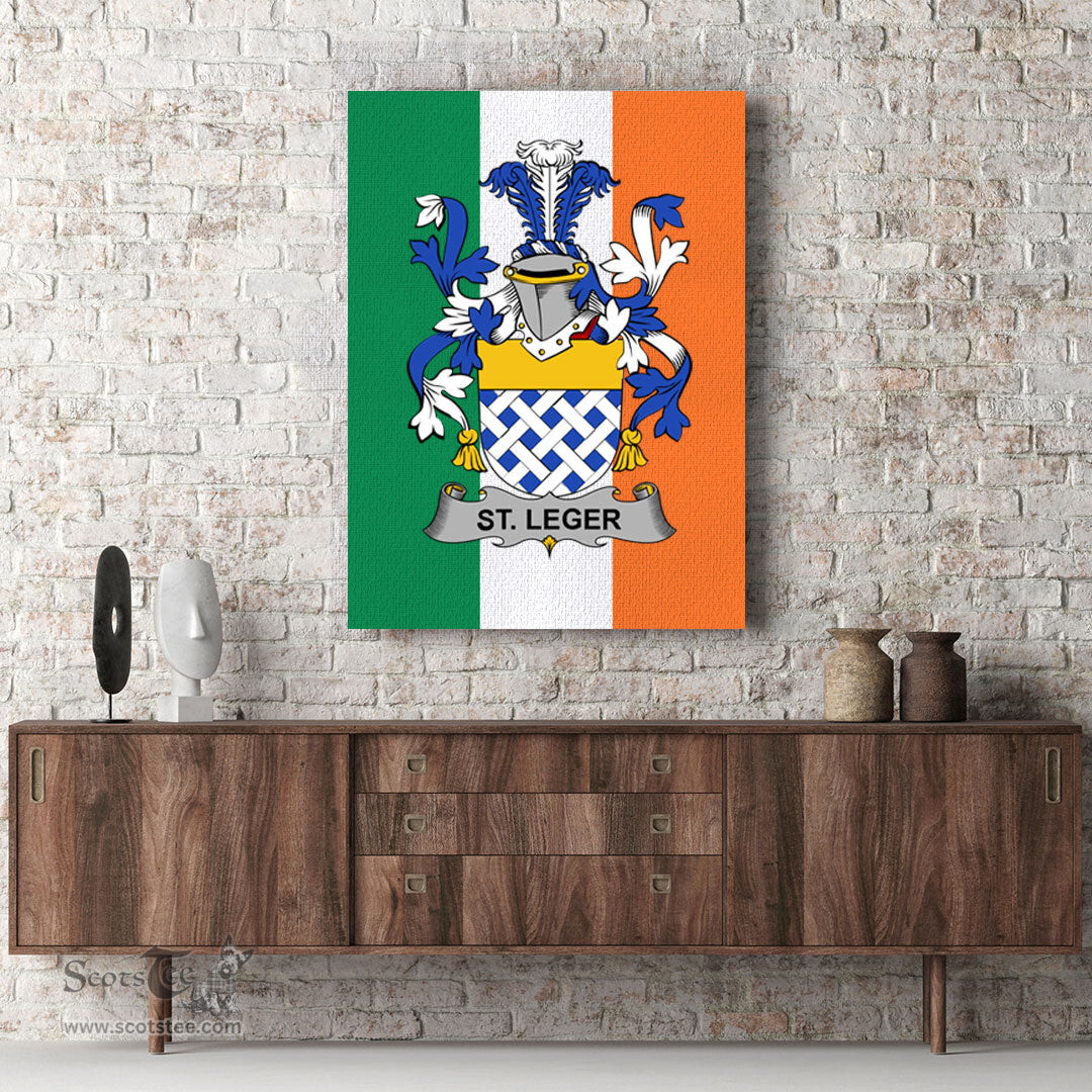 ScotsTee Shop Irish St.Leger Clan Family Crest Ireland Flag Framed Canvas Print