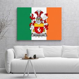 ScotsTee Shop Irish Quillan or McQuillan Clan Family Crest Ireland Flag Framed Canvas Print