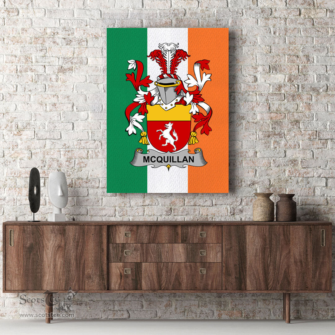 ScotsTee Shop Irish Quillan or McQuillan Clan Family Crest Ireland Flag Framed Canvas Print