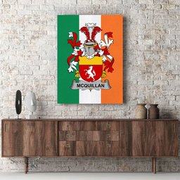 ScotsTee Shop Irish Quillan or McQuillan Clan Family Crest Ireland Flag Framed Canvas Print