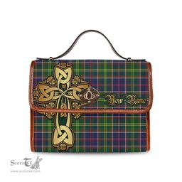 ScotsTee Shop Scottish Arnott Clan Tartan Canvas Bag Golden Thistle and Celtic Cross Personalize Your Name Bag