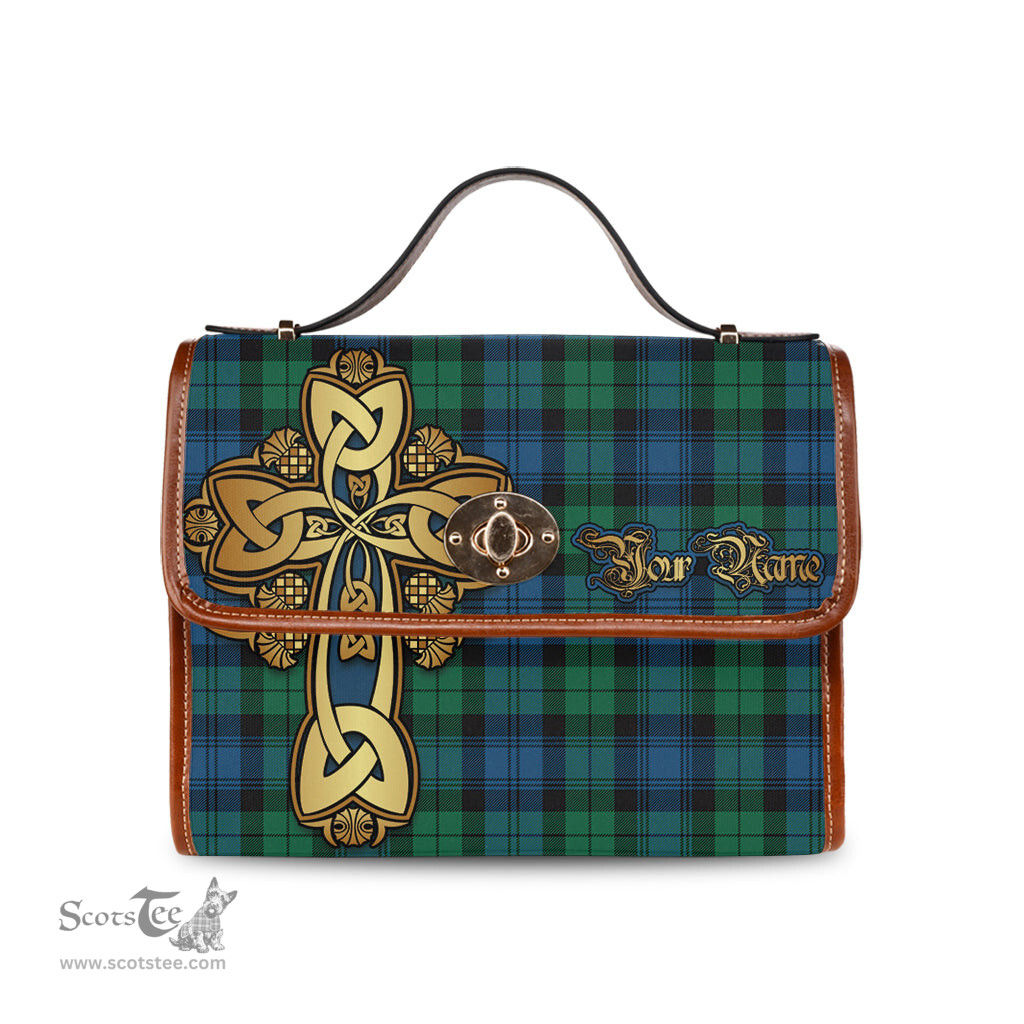 ScotsTee Shop Scottish Black Watch Ancient Clan Tartan Canvas Bag Golden Thistle and Celtic Cross Personalize Your Name Bag