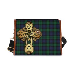 ScotsTee Shop Scottish Black Watch Clan Tartan Canvas Bag Golden Thistle and Celtic Cross Personalize Your Name Bag