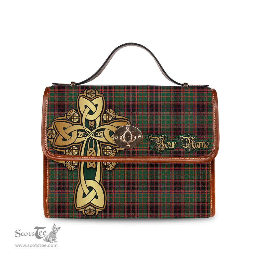 ScotsTee Shop Scottish Buchan Modern Clan Tartan Canvas Bag Golden Thistle and Celtic Cross Personalize Your Name Bag