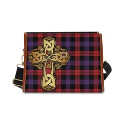 ScotsTee Shop Scottish Broun Modern Clan Tartan Canvas Bag Golden Thistle and Celtic Cross Personalize Your Name Bag