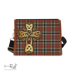 ScotsTee Shop Scottish Buchanan Old Dress Clan Tartan Canvas Bag Golden Thistle and Celtic Cross Personalize Your Name Bag