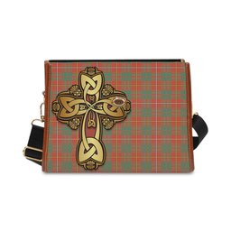 ScotsTee Shop Scottish Bruce Ancient Clan Tartan Canvas Bag Golden Thistle and Celtic Cross Personalize Your Name Bag