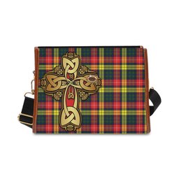ScotsTee Shop Scottish Buchanan Modern Clan Tartan Canvas Bag Golden Thistle and Celtic Cross Personalize Your Name Bag